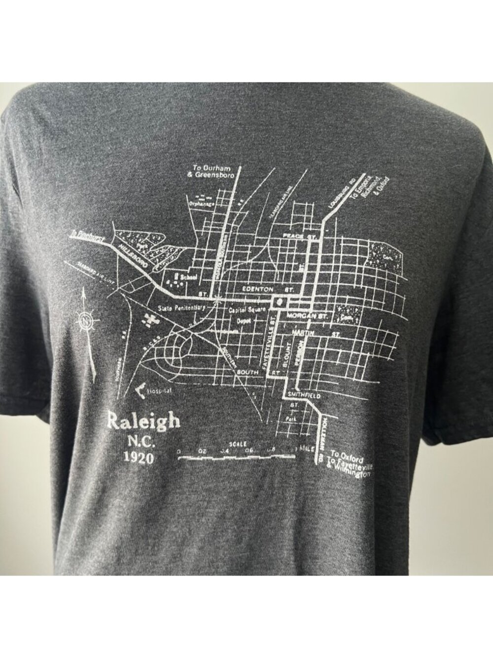 Vintage 1920 Raleigh NC City Map Graphic T-Shirt Heather Dark Gray Large Unisex